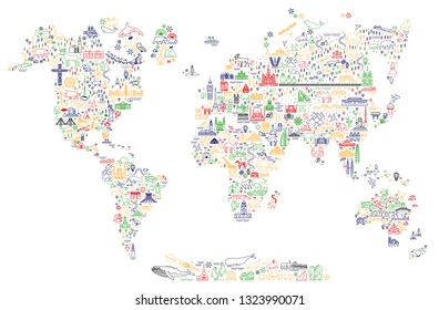 World Travel Line Icons Map. Travel Poster with animals and sightseeing attractions. Inspirational Vector Illustration. 

