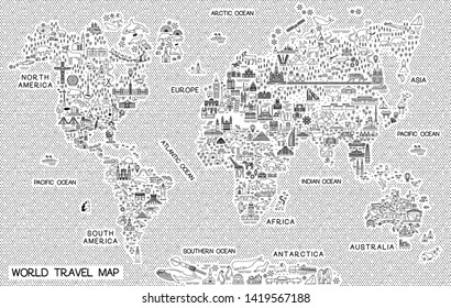 World Travel Line Icons Map. Travel Poster with animals and sightseeing attractions. Inspirational Vector Illustration.