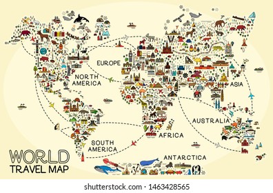 World Travel Line Icons Map.  Travel Poster with animals and sightseeing attractions.  Inspirational Vector Illustration.