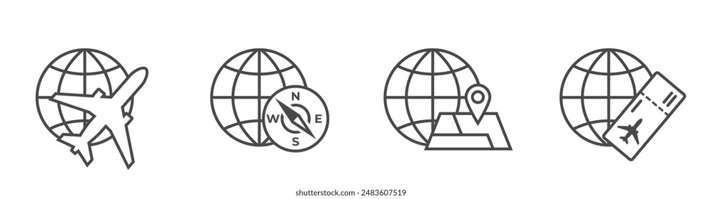 world travel line icons. plane, ticket, compass and globe. vacation and journey symbols. isolated vector images for tourism design