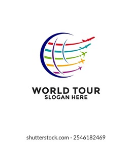 Plantilla de diseño de logotipo de World Travel. Agencia de viaje global con el Vector Abstractas colorido del diseño del logotipo del arte de la línea del globo, icono del diseño del logotipo del avión