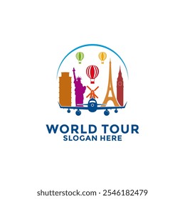 Plantilla de diseño de logotipo de World Travel. Vector del diseño del logotipo de la agencia global de viajes, avión con el icono del diseño del logotipo del monumento nacional