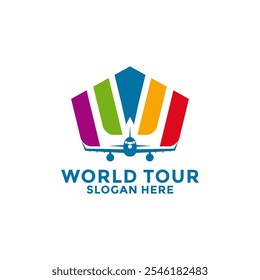 Plantilla de diseño de logotipo de World Travel. Vector de diseño del logotipo de la agencia de viajes global, combinación del avión con el icono colorido del diseño del logotipo de la cola del pájaro