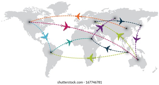 World Travel With Map And Air Planes 