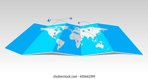 World Travel Map With Airplanes.