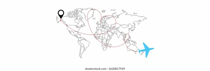 World travel map with airplanes illustration. Traveling Around the World - Air Transportation Concept,