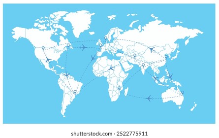 Mapa mundial de viajes con aviones. Ilustración vectorial. Avión de vista superior con rutas de vuelo entre continentes Vector azul ilustración