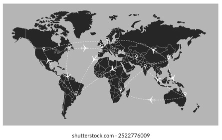 World travel map with airplanes. Vector illustration. Top view airplane with flight paths between continents vector blue illustration