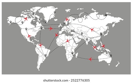 World travel map with airplanes. Vector illustration. Top view airplane with flight paths between continents vector blue illustration