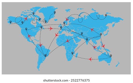 World travel map with airplanes. Vector illustration. Top view airplane with flight paths between continents vector blue illustration