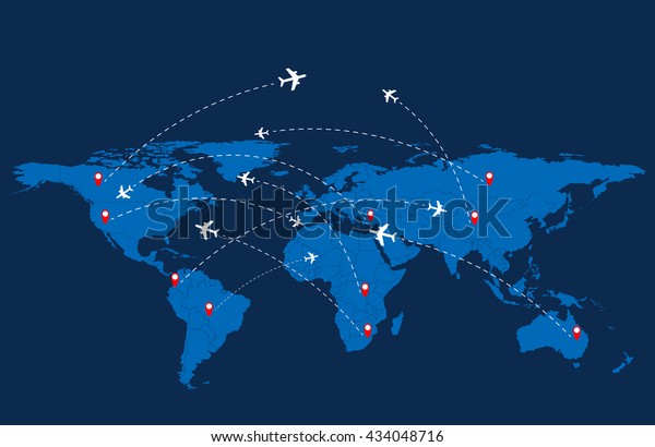 Mapa Mundial De Viajes Con Aviones. Ilustración Vectorial.