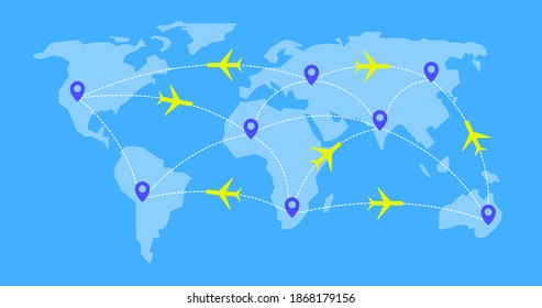 ilustración del vector azul del mapa mundial de viajes con punteros en todos los continentes y planos. logística mundial de redes. logística de plano de mapa mundial