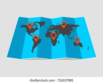 World travel map. Flat travel pin location on a global map. Vector illustration.