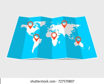 World travel map. Flat travel pin location on a global map. Vector illustration.