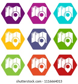 World travel map icons 9 set coloful isolated on white for web