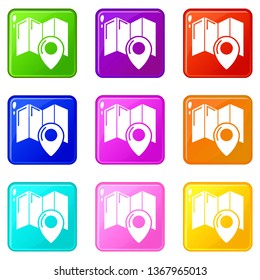 World travel map icons set 9 color collection isolated on white for any design