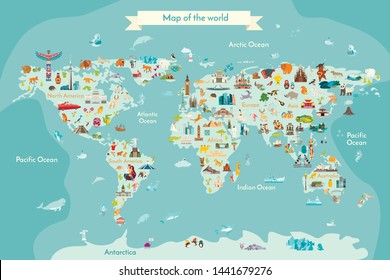 World travel map with landmarks, animals and sight of country. Vector Illustration