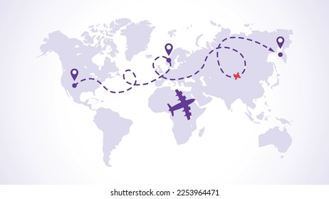 World travel map. Location. Path from point to point on aeroplane. Vector illustration