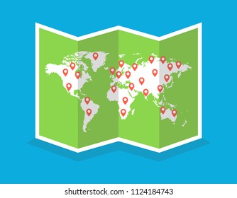 World travel map. Travel pin location on a global map. Vector illustration.