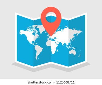 World travel map. Travel pin location on a global map. Vector illustration.