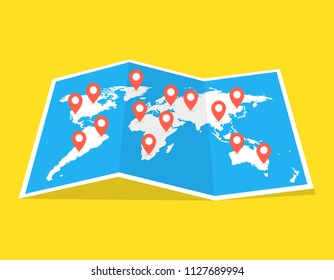 World travel map. Travel pin location on a global map. Vector illustration.