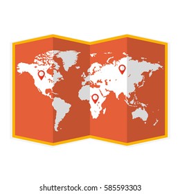 World travel map. Travel pin location on a global map. Flat vector illustration.