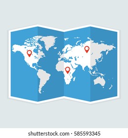 World travel map. Travel pin location on a global map. Flat vector illustration.