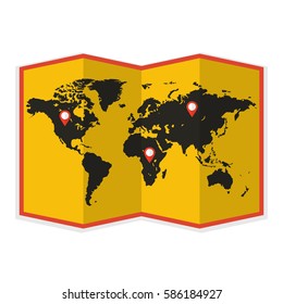 World travel map. Travel pin location on a global map. Flat vector illustration.