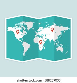 World travel map. Travel pin location on a global map. Flat vector illustration.