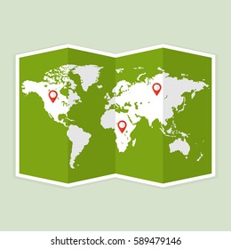 World travel map. Travel pin location on a global map. Flat vector illustration.