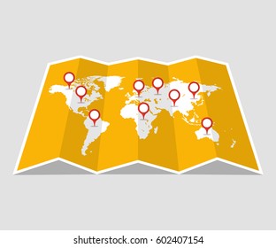 World travel map. Travel pin location on a global map. Flat vector illustration.