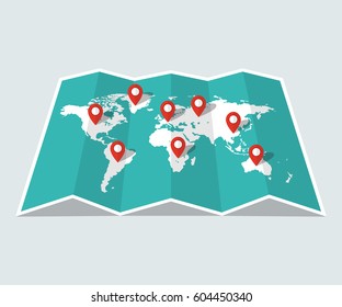 World Travel Map. Travel Pin Location On A Global Map. Flat Vector Illustration.