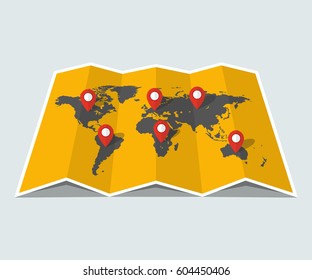 World travel map. Travel pin location on a global map. Flat vector illustration.