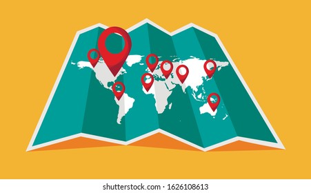 World travel map with pinpoint on it. Location on a global map. Vector illustration.