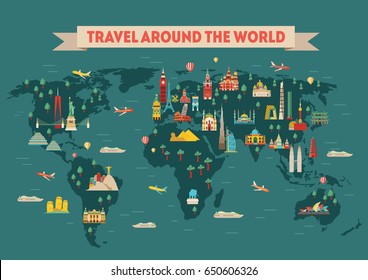 World travel map poster. Travel and tourism background. Vector illustration