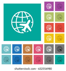 World travel multi colored flat icons on plain square backgrounds. Included white and darker icon variations for hover or active effects.