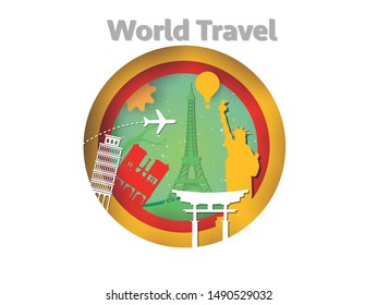 World travel paper cut concept. Vector travel origami paper cut banner. 