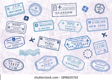 World Travel Passport Stamps. Vector Illustration Old Style Visa Passport Stamp Set. Novelty Stamps (not Official Versions).