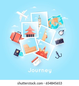 World Travel. Photo. Planning summer vacations. Holiday, journey. Tourism and vacation theme. Poster. Flat design vector illustration.