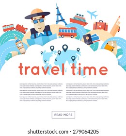 World Travel. Planning Summer Vacations. A Man Travels The World By Train, Plane, Ship Or Bus. Roads. Summer Holiday. Tourism And Vacation Theme. Flat Design Vector Illustration.