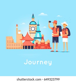 World Travel. Planning summer vacations. Holiday, journey. Tourism and vacation theme. Poster. Flat design vector illustration.