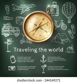 World travel poster with compass and tourism and holiday chalkboard elements vector illustration