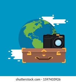 world travel scene with earth planet and icons vector illustration design