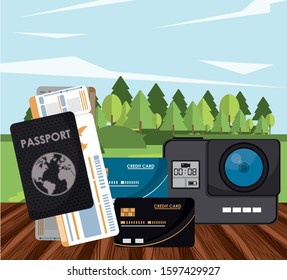 world travel scene with set icons in the landscape vector illustration design
