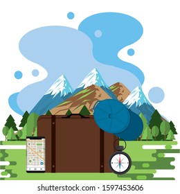 world travel scene with set icons in the landscape vector illustration design