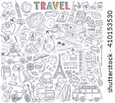 World Travel Set. Hand drawn simple vector sketches collection. Popular symbols of tourism and traveling - transportation, landmarks, luggage, accommodation, souvenirs, destinations, sightseeing.
