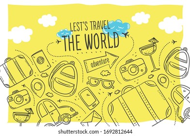 World Travel Set. Hand drawn simple vector sketches collection. Popular symbols of tourism and traveling