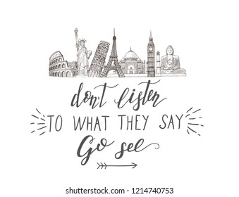 World travel and sights. Tourism banner with hand lettering quote. Hand Drawn Sketch Vector illustration.