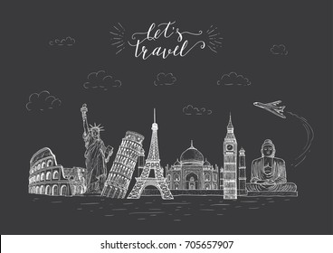 World travel and sights. Tourism banner with hand-lettering quote. Hand Drawn Sketch Vector illustration.