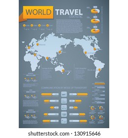 World travel statistic. Duotone: Ocean grey and orange Info-graphic vector template designed with a dummy text. Some transparency objects